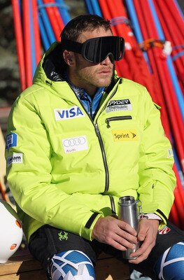 VAIL, CO - NOVEMBER 06:  Bode Miller take a break between sessions as the U.S. Alpine Ski Team trains on Golden Eagle at the Vail Resort on November 6, 2010 in Vail, Colorado. Vail has been chosen to host the 2015 World Alpine Ski Championships.  (Photo b