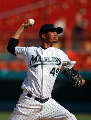 MIAMI GARDENS, FL - JULY 21: Leo Nunez #46 of the Florida Marlins pitches during a game against the San Diego Padres at Sun Life Stadium on July 21, 2011 in Miami Gardens, Florida. The San Diego Padres defeated the Florida Marlins 5-3.  (Photo by Sarah Gl