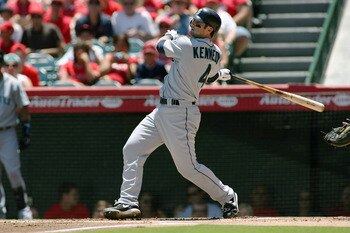 ANAHEIM, CA - JULY 10:  Adam Kennedy #4 of the Seattle Mariners bats against the Los Angeles Angels of Anaheim in the first inning of the game at Angel Stadium of Anaheim on July 10, 2011 in Anaheim, California  (Photo by Jeff Golden/Getty Images)