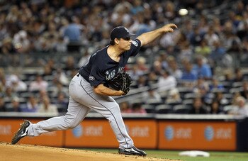 NEW YORK, NY - JULY 25:  Jason Vargas #38 of the Seattle Mariners pitches against of the New York Yankees on July 25, 2011 at Yankee Stadium in the Bronx borough of New York City.  (Photo by Jim McIsaac/Getty Images)