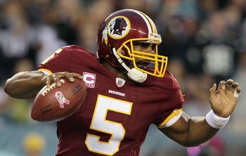 PHILADELPHIA - OCTOBER 03:  Donovan McNabb #5 of the Washington Redskins against the Philadelphia Eagles on October 3, 2010 at Lincoln Financial Field in Philadelphia, Pennsylvania. The Redskins defeated the Eagles 17-12.  (Photo by Jim McIsaac/Getty Imag