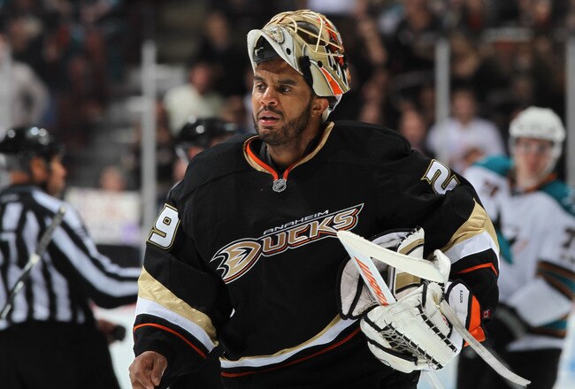 ANAHEIM, CA - APRIL 06:  Goaltender Ray Emery #29 of the Anaheim Ducks looks on against the San Jose Sharks at Honda Center on April 6, 2011 in Anaheim, California.  (Photo by Jeff Gross/Getty Images)