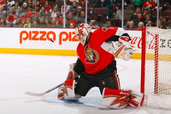 OTTAWA, CANADA- FEBRUARY 21:  Ray Emery #1 of the Ottawa Senators makes a save during first-period action of a game against the Columbus Blue Jackets February 21, 2008 at the Scotiabank Place in Ottawa, Canada. The Ottawa Senators lead the Columbus Blue J