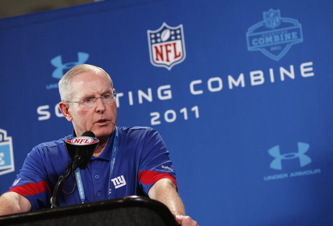 INDIANAPOLIS, IN - FEBRUARY 25: New York Giants head coach Tom Coughlin answers questions during a media session at the 2011 NFL Scouting Combine at Lucas Oil Stadium on February 25, 2011 in Indianapolis, Indiana. (Photo by Joe Robbins/Getty Images)