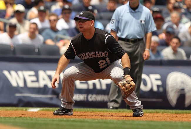 NEW YORK, NY - JUNE 25:  Ty Wigginton #21 of the Colorado Rockies in action against the New York Yankees during their game on June 25, 2011 at Yankee Stadium in the Bronx borough of New York City.  (Photo by Al Bello/Getty Images)