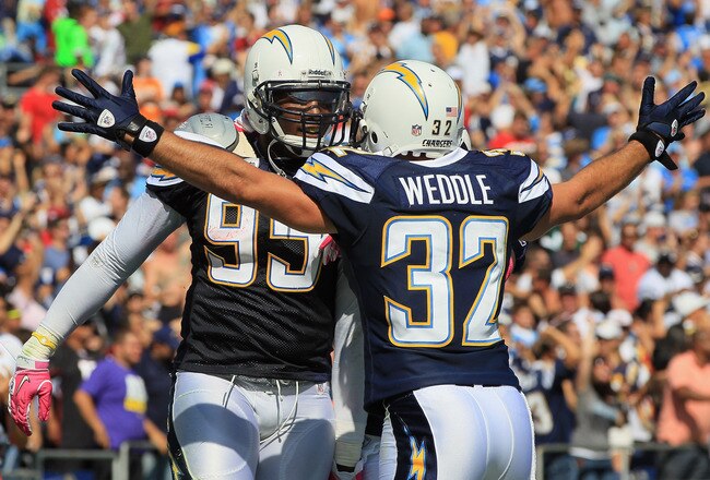 SAN DIEGO - OCTOBER 03:  Eric Weddle #32 of the San Diego Chargers congratulates teammate Shaun Phillips #95 after intercepting a pass for a touchdown in the second quarter against the Arizona Cardinals at Qualcomm Stadium on October 3, 2010 in San Diego,