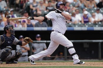 DENVER, CO - JULY 17:  Jason Giambi #23 of the Colorado Rockies watches his homerun against the Milwaukee Brewers at Coors Field on July 17, 2011 in Denver, Colorado.  (Photo by Doug Pensinger/Getty Images)