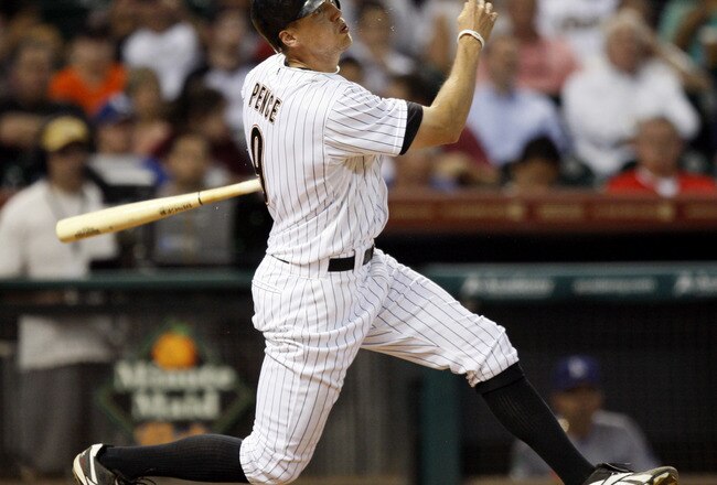 HOUSTON - MAY 24:  Hunter Pence #9 of the Houston Astros doubles to right field in the third inning against the Los Angeles Dodgers  at Minute Maid Park on May 24, 2011 in Houston, Texas.  (Photo by Bob Levey/Getty Images)