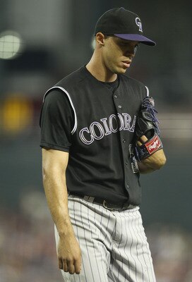 PHOENIX, AZ - JULY 24:  Starting pitcher Ubaldo Jimenez #38 of the Colorado Rockies during the Major League Baseball game against the Arizona Diamondbacks at Chase Field on July 24, 2011 in Phoenix, Arizona.  The Diamondbacks defeated the Rockies 7-0.  (P