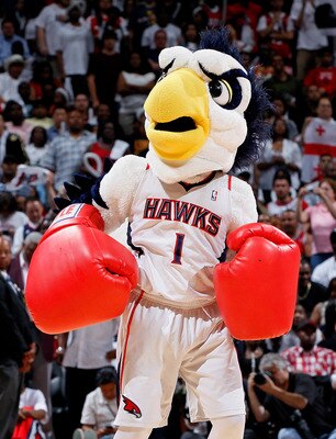 ATLANTA, GA - MAY 08:  Harry the Hawk, mascot of the Atlanta Hawks, against the Chicago Bulls in Game Four of the Eastern Conference Semifinals in the 2011 NBA Playoffs at Phillips Arena on May 8, 2011 in Atlanta, Georgia.  NOTE TO USER: User expressly ac