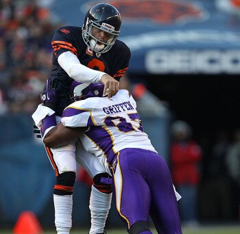 CHICAGO - NOVEMBER 14: Jay Cutler #6 of the Chicago Bears is hit after throwing a pass by Everson Griffen #97 of the Minnesota Vikings at Soldier Field on November 14, 2010 in Chicago, Illinois. The Bears defeated the Vikings 27-13. (Photo by Jonathan Dan