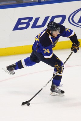 ST. LOUIS - SEPTEMBER 30: T.J. Oshie #74 of the St. Louis Blues shoots the puck during a pre-season game at the Scottrade Center on September 30, 2010 in St. Louis, Missouri.  (Photo by Dilip Vishwanat/Getty Images)
