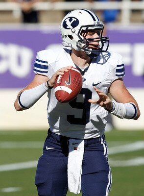 FORT WORTH, TX - OCTOBER 16:  Quarterback Jake Heaps #9 of the Brigham Young University Cougars throws a pass against the Texas Christian University Horned Frogs at Amon G. Carter Stadium on October 16, 2010 in Fort Worth, Texas.  (Photo by Tom Pennington