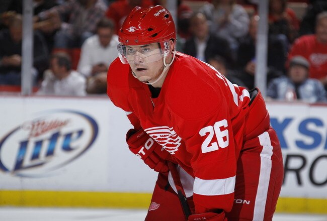 DETROIT - MAY 6: Jiri Hudler #26 of the Detroit Red Wings looks on while playing the San Jose Sharks in Game Four of the Western Conference Semifinals during the 2011 NHL Stanley Cup Playoffs on May 6, 2011 at Joe Louis Arena in Detroit, Michigan. (Photo 