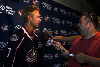COLUMBUS,OH - JULY 21:  Jeff Carter #7 of the Columbus Blue Jackets speaks during a press conference on July 21, 2011 at Nationwide Arena in Columbus, Ohio.  (Photo by John Grieshop/Getty Images)