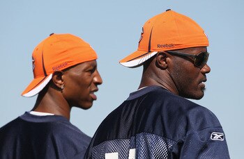 BOURBONNAIS, IL - JULY 30: Free-agent signees of the Chicago Bears Sam Hurd #81 (L) and Roy Williams #11 watch during a summer training camp practice at Olivet Nazarene University on July 30, 2011 in Bourbonnais, Illinois. (Photo by Jonathan Daniel/Getty