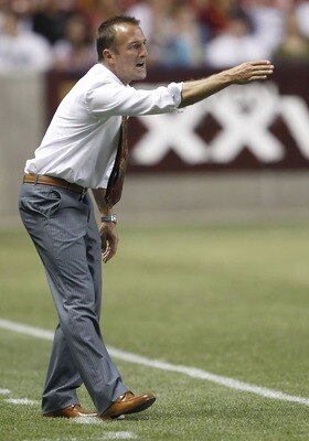 SANDY, UT - JULY 30: Head coach Jason Kreis of Real Salt Lake yells at his players during a game against the Columbus Crew at an MLS soccer game July 30, 2011 at Rio Tinto Stadium in Sandy, Utah. The Columbus Crew beat Real Salt Lake 2-0. (Photo by George