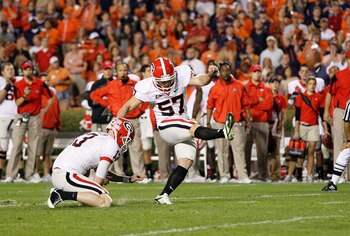 AUBURN, AL - NOVEMBER 13:  Blair Walsh #57 of the Georgia Bulldogs against the Auburn Tigers at Jordan-Hare Stadium on November 13, 2010 in Auburn, Alabama.  (Photo by Kevin C. Cox/Getty Images)
