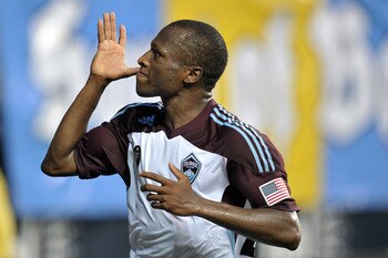 CHESTER, PA- JULY 29:  Sanna Nyassi #23 of the Colorado Rapids celebrates a goal during the game against the Philadelphia Union at PPL Park on July 29, 2011 in Chester, Pennsylvania. (Photo by Drew Hallowell/Getty Images)