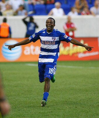 HARRISON, NJ - JULY 23: Marvin Chavez #18 of FC Dallas celebrates after scoring his second goal of the game against the New York Red Bulls during the game at Red Bull Arena on July 23, 2011 in Harrison, New Jersey. (Photo by Andy Marlin/Getty Images)