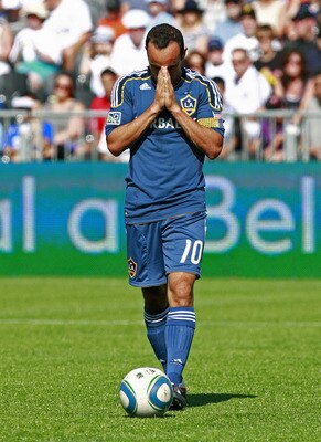 VANCOUVER, CANADA - JULY 30:  Landon Donovan #10 of the Los Angeles Galaxy reacts after missing a goal during their MLS game against Vancouver Whitecaps July 30, 2011 at Empire Field in Vancouver, British Columbia, Canada. L.A. won 4-0. (Photo by Jeff Vin