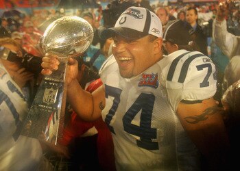 MIAMI GARDENS, FL - FEBRUARY 04:  Charlie Johnson #74 of the Indianapolis Colts celebrates with the Vince Lombardi Super Bowl trophy after winning the Super Bowl XLI 29-17 over the Chicago Bears on February 4, 2007 at Dolphin Stadium in Miami Gardens, Flo