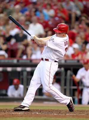 CINCINNATI, OH - JULY 30:  Jay Bruce #32 of the Cincinnati Reds swings at a pitch during the game against the San Francisco Giants at Great American Ball Park on July 30, 2011 in Cincinnati, Ohio.  (Photo by Andy Lyons/Getty Images)
