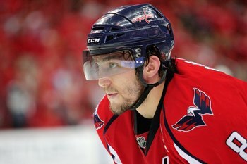 WASHINGTON - MAY 09:  Alex Ovechkin #8 of the Washington Capitals looks on prior to a face off against the Pittsburgh Penguins during Game Five of the Eastern Conference Semifinal Round of the 2009 Stanley Cup Playoffs on May 9, 2009 at the Verizon Center