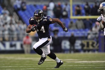 BALTIMORE - DECEMBER 13:  Jalen Parmele #34 of the Baltimore Ravens runs the ball against the Detroit Lions at M&T Bank Stadium on December 13, 2009 in Baltimore, Maryland. The Ravens defeated the Lions 48-3. (Photo by Larry French/Getty Images)