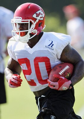 SAINT JOSEPH, MO - JULY 31:  Thomas Jones #20 practices during Kansas City Chiefs Training Camp on July 31, 2011 in Saint Joseph, Missouri.  (Photo by Jamie Squire/Getty Images)