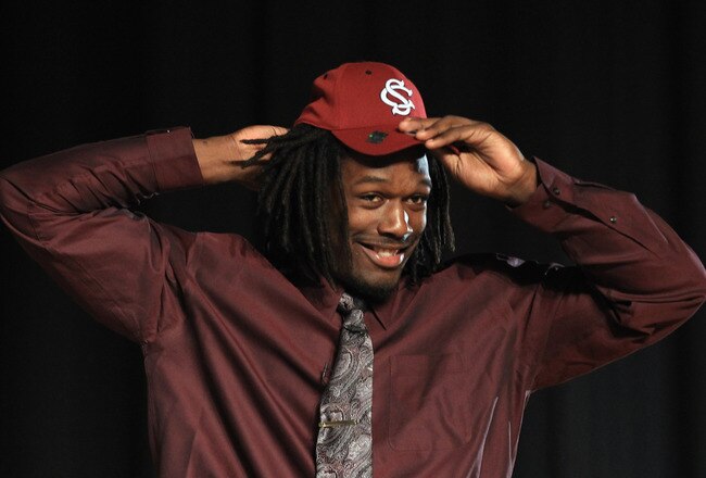 ROCK HILL, SC - FEBRUARY 14:  Jadeveon Clowney announces his college football commitment to the University of South Carolina Gamecocks during a press conference at South Pointe High School on February 14, 2011 in Rock Hill, South Carolina.  (Photo by Stre
