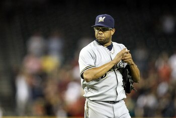 PHOENIX, AZ - JULY 20:  Relief pitcher Francisco Rodriguez #57 of the Milwaukee Brewers reacts on the mound during the Major League Baseball game against the Arizona Diamondbacks at Chase Field on July 20, 2011 in Phoenix, Arizona. The Brewers defeated th