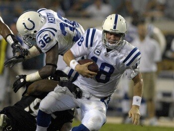 JACKSONVILLE, FL - OCTOBER 22:  Quarterback Peyton Manning #18 of the Indianapolis Colts falls to a sack by the Jacksonville Jaguars at the Jacksonville Municipal Stadium on October 22, 2007 in Jacksonville, Florida. The Colts defeated the Jags 29-7.  (Ph