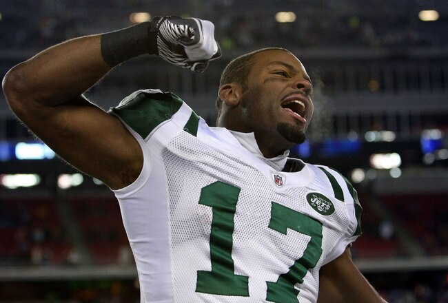FOXBORO, MA - JANUARY 16:  Braylon Edwards #17 of the New York Jets celebrates on his way to defeating the Patriots 28 to 21 in their 2011 AFC divisional playoff game at Gillette Stadium on January 16, 2011 in Foxboro, Massachusetts.  (Photo by Michael He