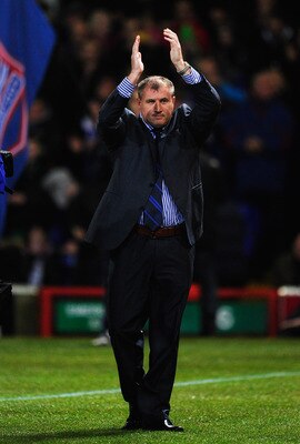 IPSWICH, ENGLAND - JANUARY 12: Newly appointed Ipswich Town manager Paul Jewell applauds the fans ahead of the Carling Cup Semi Final First Leg match between Ipswich Town and Arsenal at Portman Road on January 12, 2011 in Ipswich, England.  (Photo by Jami