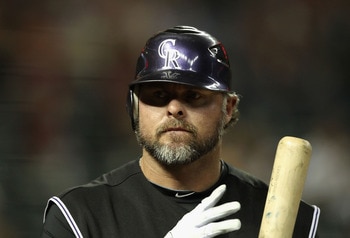 PHOENIX, AZ - JULY 22:  Jason Giambi #23 of the Colorado Rockies warms up on deck during the Major League Baseball game against the Arizona Diamondbacks at Chase Field on July 22, 2011 in Phoenix, Arizona. The Rockies defeated the Diamondbacks 8-4.  (Phot