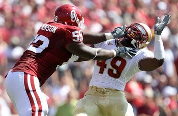 Brandon Jenkins has his facemask held by Offensive Lineman Donald Stephenson, but 2011 should showcase how far Jenkins has come in becoming a real threat to the blind side.