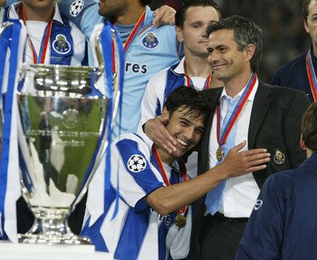 GELSENKIRCHEN, GERMANY - MAY 26:  Nuno Valente of FC Porto hugs his manager Jose Dos Santos Mourinho after winning the Champions League during the UEFA Champions League Final match between AS Monaco and FC Porto at the AufSchake Arena on May 26, 2004 in G