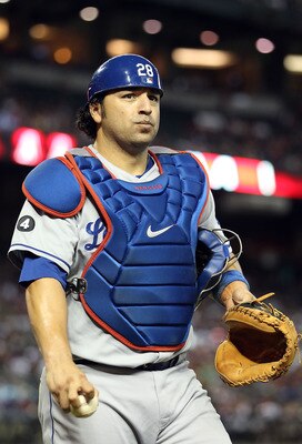 PHOENIX, AZ - JULY 17:  Catcher Rod Barajas #28 of the Los Angeles Dodgers walks off the field during the Major League Baseball game against the Arizona Diamondbacks at Chase Field on July 17, 2011 in Phoenix, Arizona. The Diamondbacks defeated the Dodger
