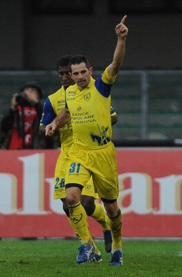 VERONA, ITALY - NOVEMBER 21:  Sergio Pellissier of AC Chievo Verona celebrates after scoring the opening goal during the Serie A match between AC Chievo Verona and FC Internazionale Milano at Stadio Marc' Antonio Bentegodi on November 21, 2010 in Verona,