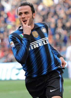 MILAN, ITALY - MARCH 20:  Giampaolo Pazzini of Inter Milan celebrates after scoring the opening goal during the Serie A match between FC Internazionale Milano and Lecce at Stadio Giuseppe Meazza on March 20, 2011 in Milan, Italy.  (Photo by Tullio M. Pugl