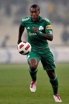 ATHENS, GREECE - OCTOBER 24:  Djibril Cisse of Panathinaikos FC in action during the Greek Super League match between AEK Athens and Panathinaikos FC at the Olympic Stadium on October 24, 2010 in Athens, Greece. (Photo by Louisa Gouliamaki/EuroFootball/Ge