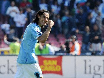 NAPLES, ITALY - APRIL 03:  Edinson Cavani of Napoli celebrates after scoring the goal 4-3 during the Serie A match between SSC Napoli and SS Lazio at Stadio San Paolo on April 3, 2011 in Naples, Italy.  (Photo by Giuseppe Bellini/Getty Images)