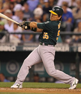 SEATTLE - AUGUST 02:  Hideki Matsui #55 of the Oakland Athletics singles in the eighth inning against the Seattle Mariners at Safeco Field on August 2, 2011 in Seattle, Washington. (Photo by Otto Greule Jr/Getty Images)