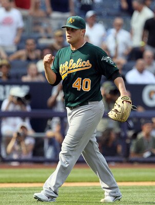 NEW YORK, NY - JULY 23:  Andrew Bailey #40 of the Oakland Athletics celebrates after defeating the New York Yankees on July 23, 2011 at Yankee Stadium in the Bronx borough of New York City.  (Photo by Jim McIsaac/Getty Images)