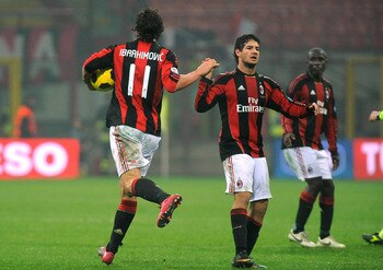 MILAN, ITALY - JANUARY 09:  Zlatan Ibrahimovic (L) of AC Milan celebrates a goal with Pato during the Serie A match between AC Milan and Udinese Calcio at Stadio Giuseppe Meazza on January 9, 2011 in Milan, Italy.  (Photo by Valerio Pennicino/Getty Images