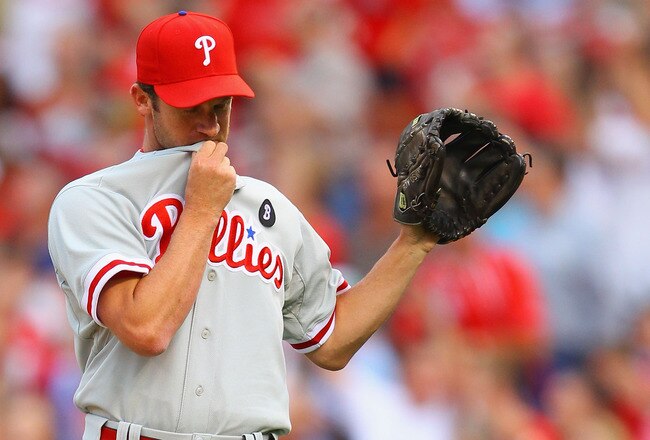ST. LOUIS, MO - JUNE 23: Starter Roy Oswalt #44 of the Philadelphia Phillies reacts to giving up a home run against the St. Louis Cardinals at Busch Stadium on June 23, 2011 in St. Louis, Missouri.  (Photo by Dilip Vishwanat/Getty Images)