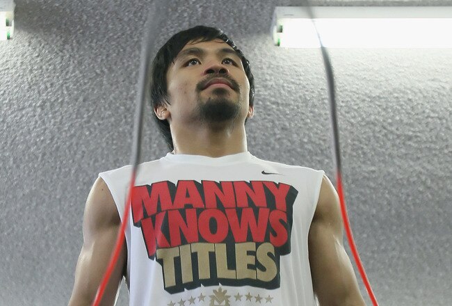HOLLYWOOD, CA - APRIL 20:  Manny Pacquiao of the Philippines jumps rope during a media workout at the Wild Card Boxing Club on April 20, 2011 in Hollywood, California.  (Photo by Jeff Gross/Getty Images)