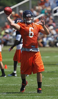 BOURBONNAIS, IL - JULY 30:  Jay Cutler #6 of the Chicago Bears works out during a summer training camp practice at Olivet Nazarene University on July 30, 2011 in Bourbonnais, Illinois.  (Photo by Jonathan Daniel/Getty Images)