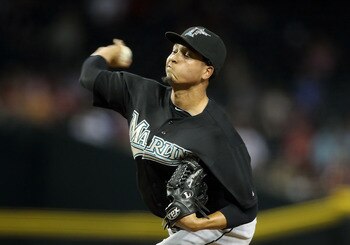 PHOENIX, AZ - MAY 31:  Relief pitcher Leo Nunez #46 of the Florida Marlins pitches against the Arizona Diamondbacks during the Major League Baseball game at Chase Field on May 31, 2011 in Phoenix, Arizona. The Marlins defeated the Diamondbacks 5-2. (Photo